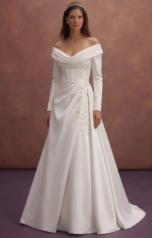 White Satin Wedding Dress with Draped Neckline Detail