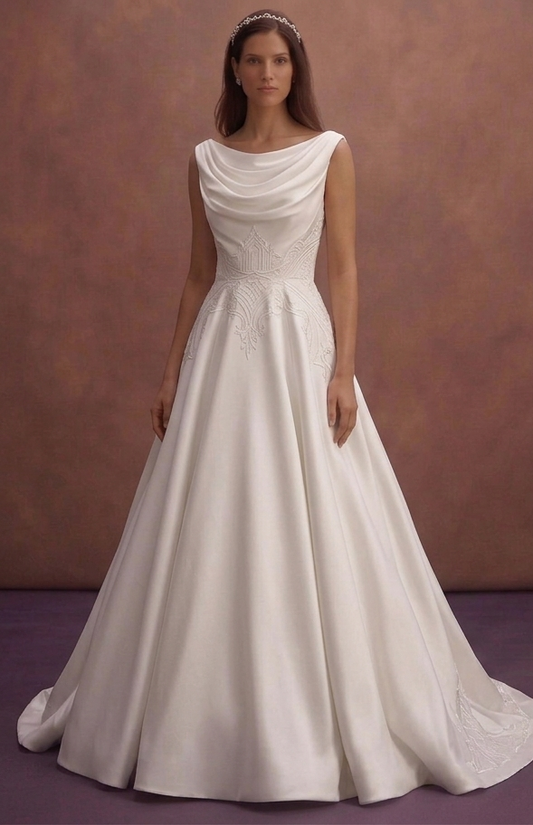 White Satin Wedding Dress with Draped Neckline Style