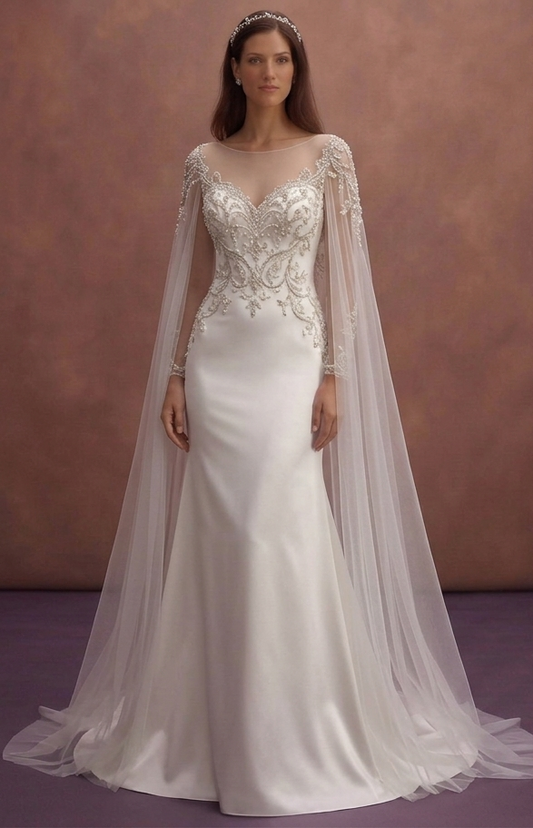 White Satin Wedding Dress with Elegant Cape Detail