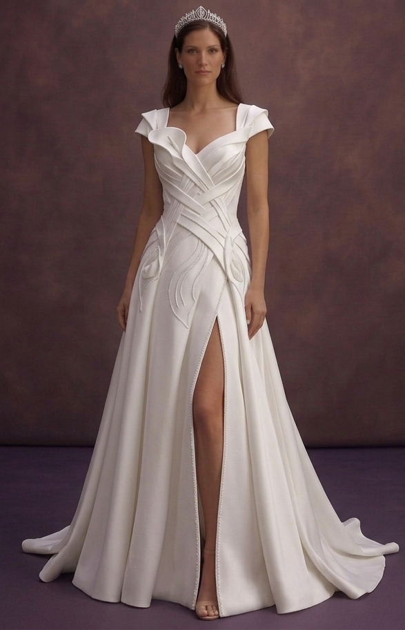 White Satin Wedding Dress with Sculpted Elegant Bodice