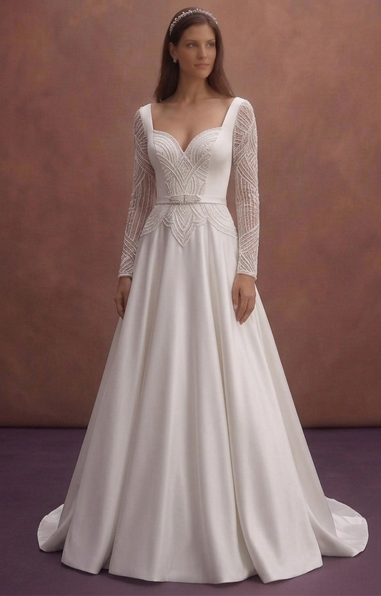 White Satin Wedding Dress with Sweetheart Neckline Cut