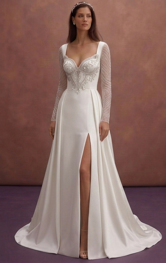 White Satin Wedding Dress with Sweetheart Neckline Style