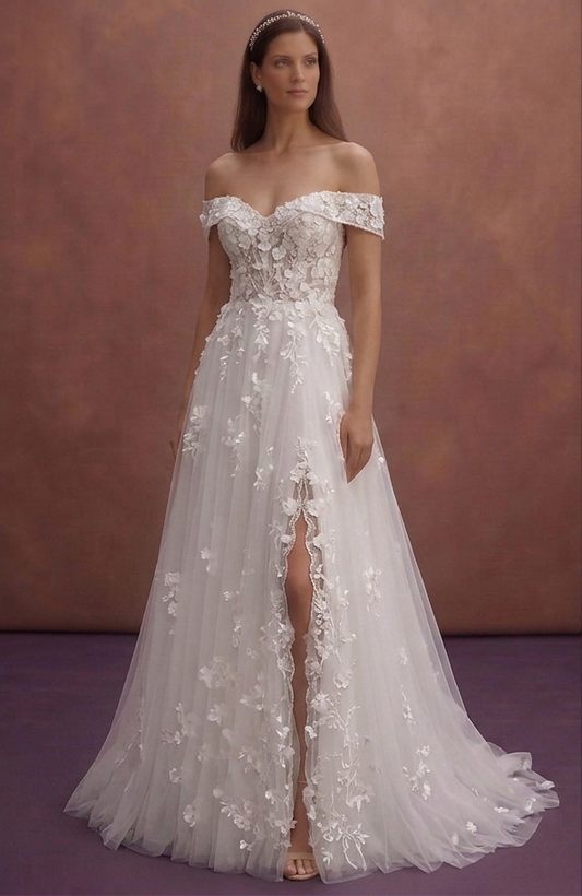 White Tulle Wedding Dress with Delicate Floral Appliqué