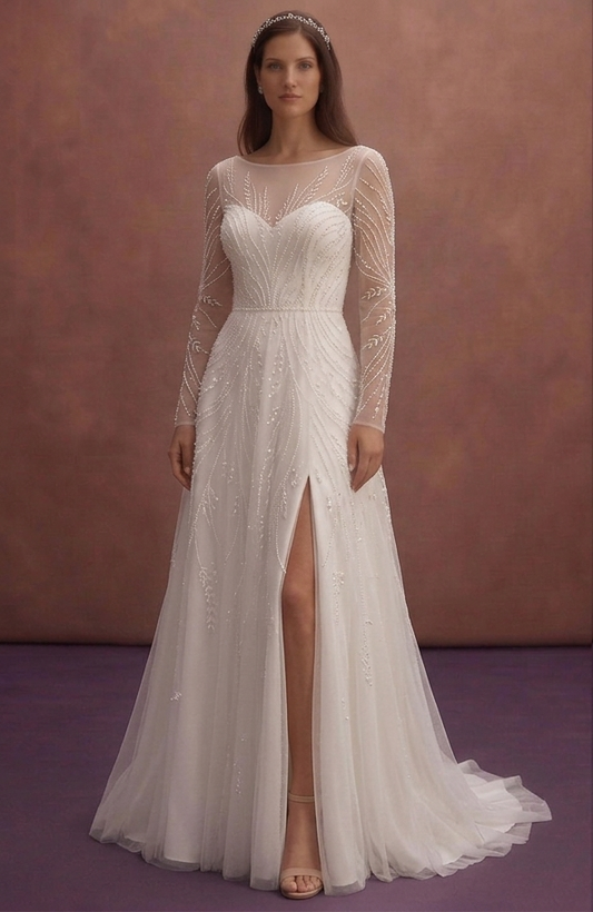 White Tulle Wedding Dress with Delicate Pearl Embroidery