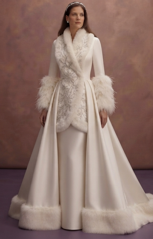 Winter Satin Wedding Dresses with Faux Fur Details
