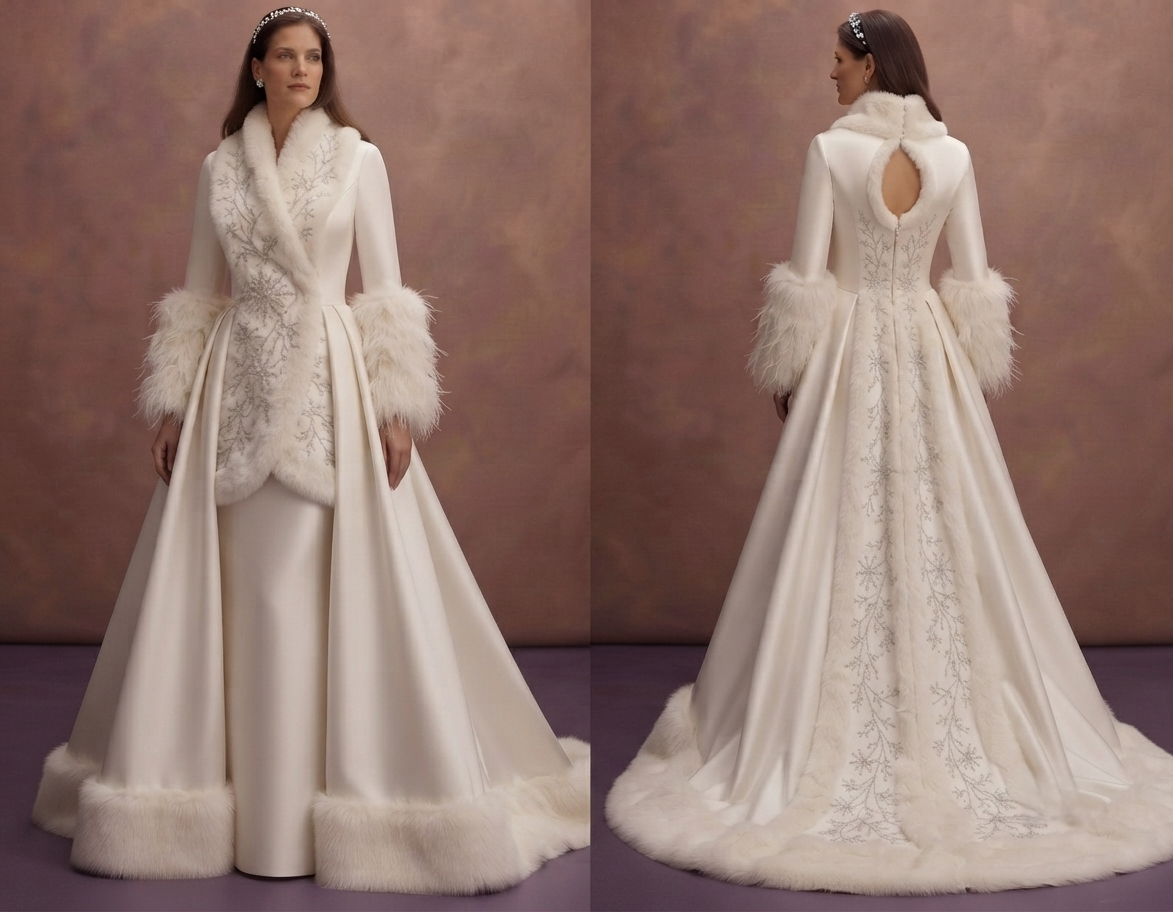 Winter Satin Wedding Dresses with Faux Fur Details