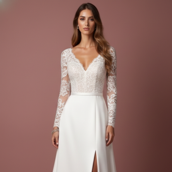 Wrap Wedding Dress Satin V-Neck Long Slit Leg Modern Style