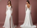 Wrap Wedding Dress Satin V-Neck Long Slit Leg Modern Style