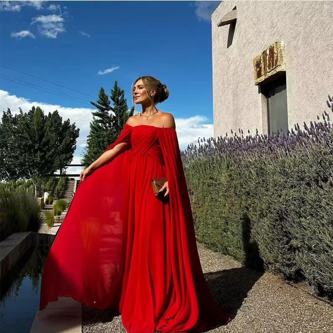 Elegant Red Chiffon Prom Dress Off The Shoulder Long Cape Sleeves Pleated Floor Length Evening Dress vestidos de gala