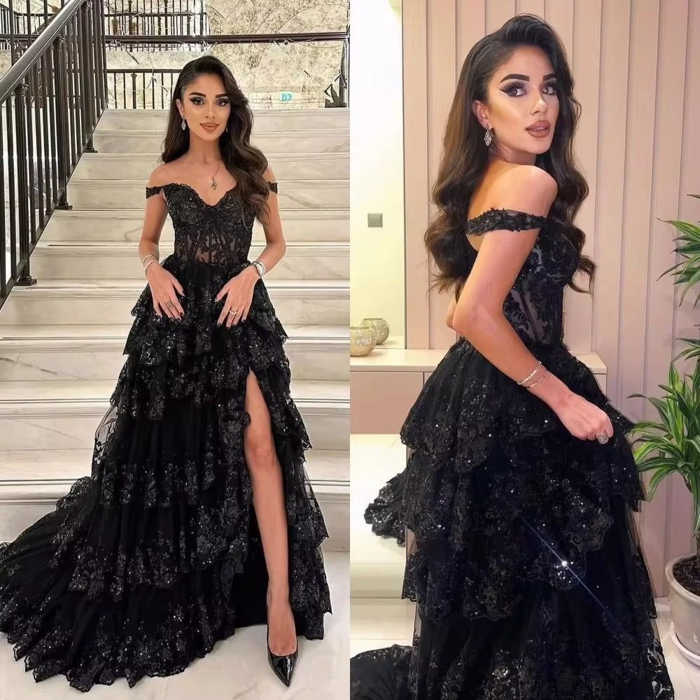 Black Glitter Tulle robes de soirée Off the Shoulder A-line Prom Dresses Floor-length Side Split Sleeveless Wedding Dress