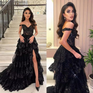 Black Glitter Tulle robes de soirée Off the Shoulder A-line Prom Dresses Floor-length Side Split Sleeveless Wedding Dress