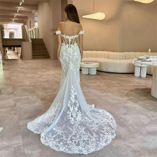 Charming Floral Appliques Lace Mermaid Wedding Dresses Off The Shoulder Illusion Bridal Gowns Robe De Mariée