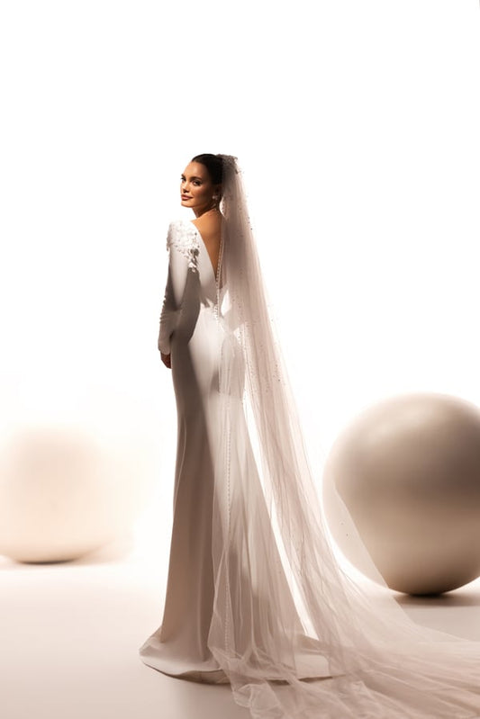 Elegant Mermaid Wedding Dress with Illusion Neckline and Floral Embellishments Veil not included - Camilla's