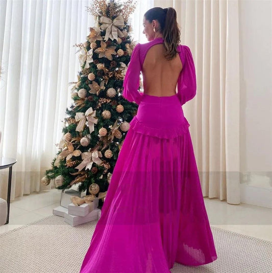 Elegante vestido de fiesta de gasa fucsia con cuello en V profundo, mangas largas, vestido de noche formal sin espalda, vestidos de fiesta hasta el suelo