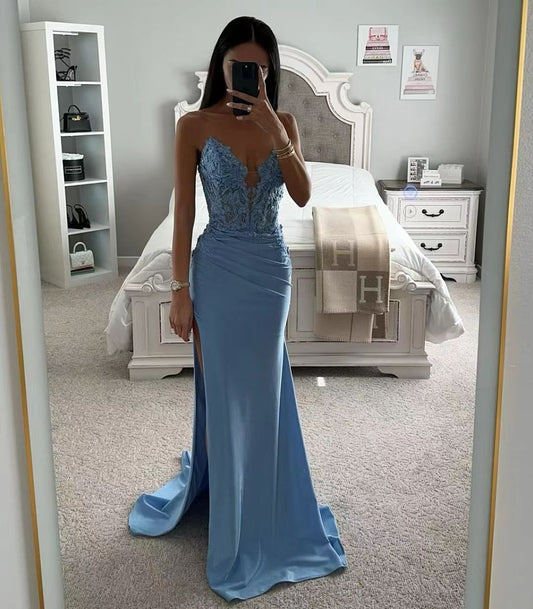 Mermaid Prom Dress Blue Strapless Fishtail Vestidos De Noche Strapless Evening Dresses Lace Embroid Party Dresses