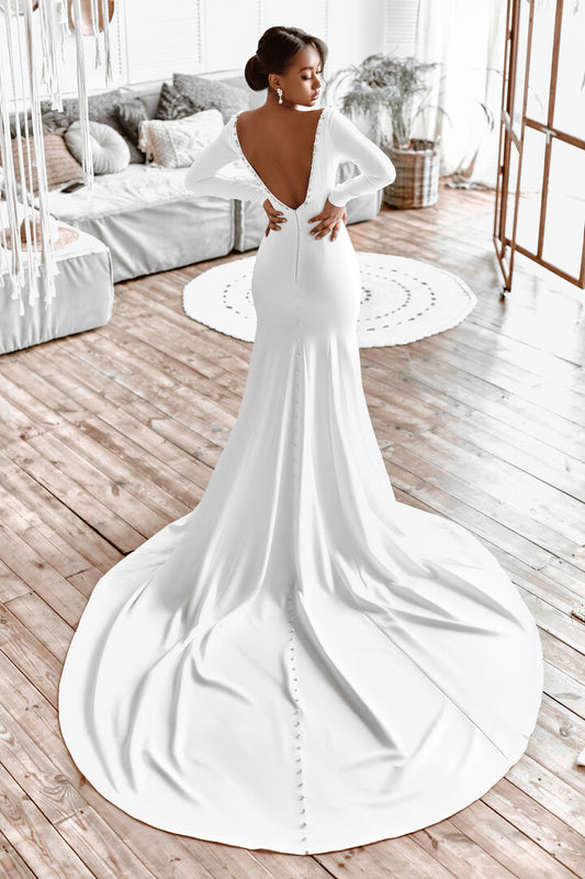 Gracioso sexy decote em v profundo sereia vestido de casamento cristal chique baixo-volta mangas compridas tribunal trem vestido de noiva robe personalizado