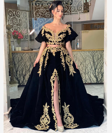 Noble vestido de fiesta de una línea, mangas abullonadas, Apliques de encaje, vestido de noche Formal, abertura larga hasta el suelo, vestidos de fiesta Kafeta