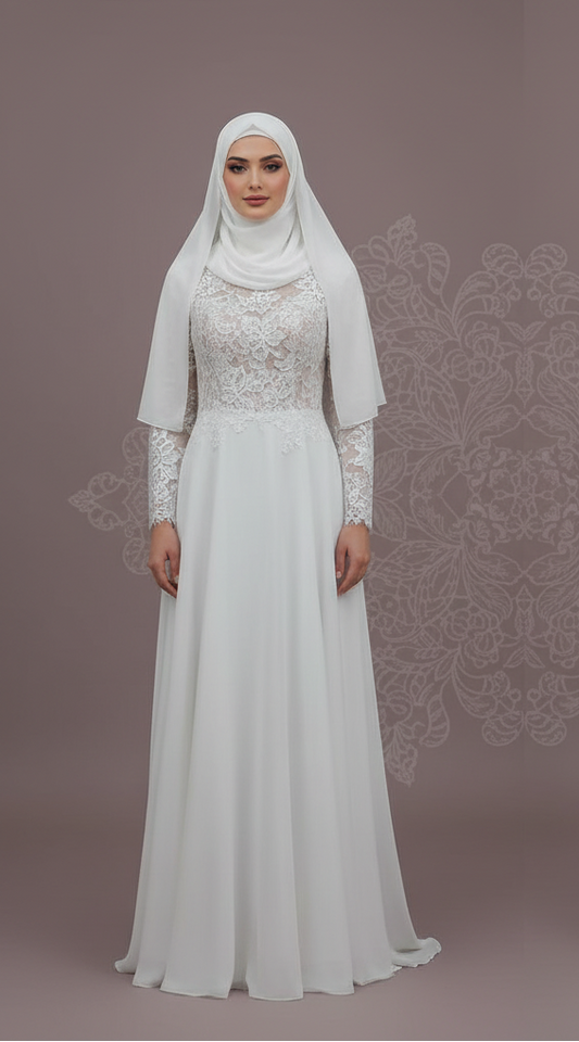 Custom Made Muslim Wedding Dress for Women with Floral Appliques and Long Sleeves
