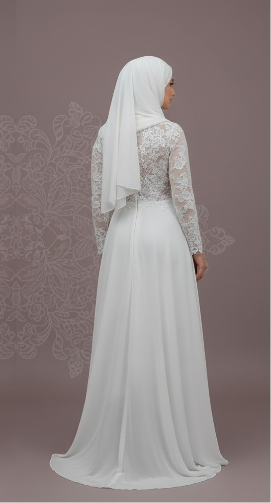 Custom Made Muslim Wedding Dress for Women with Floral Appliques and Long Sleeves