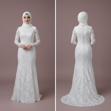 Modest Muslim Wedding Gown for Women, Long Sleeves, Floral Details, Tulle