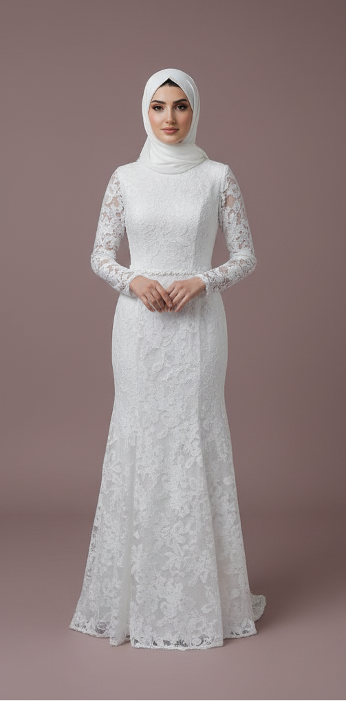 Modest Muslim Wedding Gown for Women – Long Sleeves, Floral Details, Tulle
