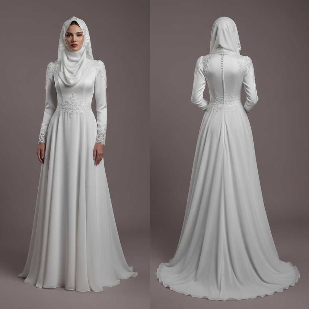Elegant Arabic Dubai Muslim Bridal Wedding Dress with Flower Appliques