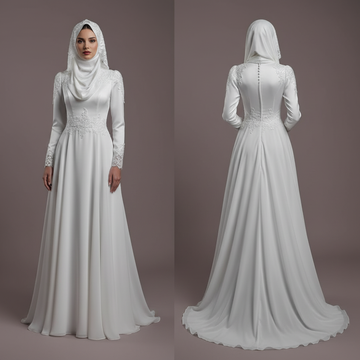 Elegant Arabic Dubai Muslim Bridal Dress with Flower Appliques and Tulle Skirt