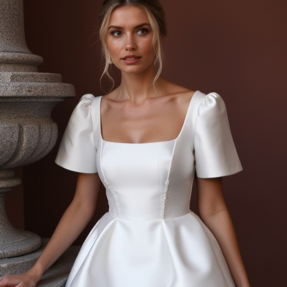 Elegant Short Wedding Dress and Mini Dress with a Square Neckline for a Classic Feel