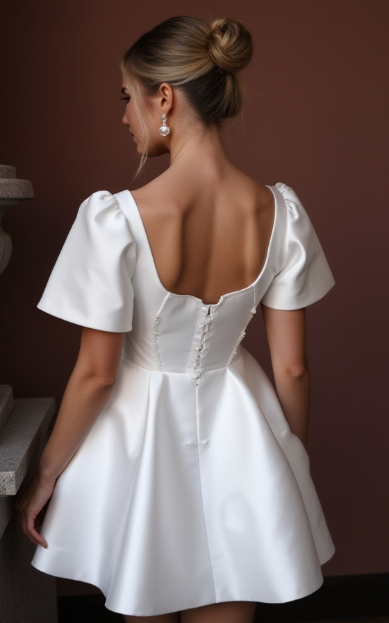 Elegant Short Wedding Dress and Mini Dress with a Square Neckline for a Classic Feel