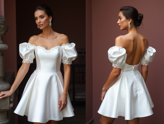 Chic Short Wedding Dress and Mini Dress with a Square Cut and Puff Sleeves