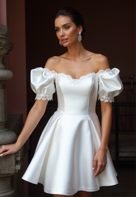 Chic Short Wedding Dress and Mini Dress with a Square Cut and Puff Sleeves