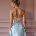 Glamorous Blue Prom Dress and Evening Gown with Floral Details for a Soft Look