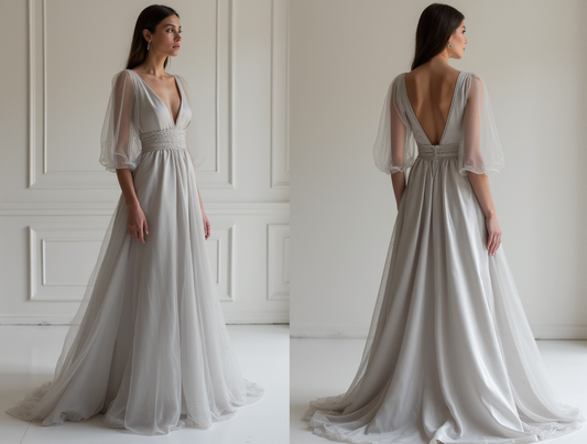 Dreamy Grey Evening Dress & Prom Dress with Starry Embellishments and Flowing Cape