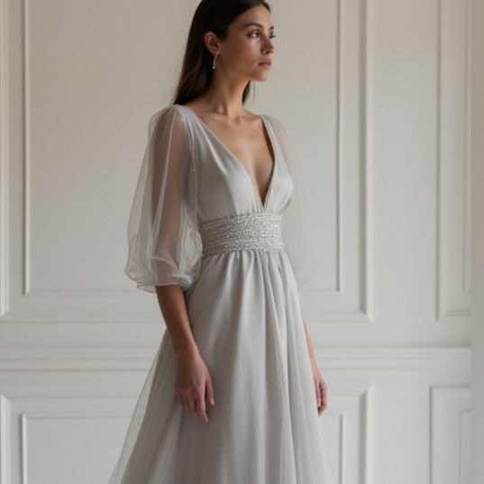 Dreamy Grey Evening Dress & Prom Dress with Starry Embellishments and Flowing Cape