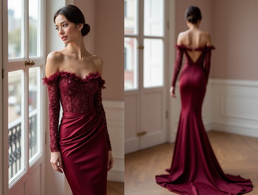 Romantic Red Evening Dress & Prom Dress with Vintage Ruffle Accents
