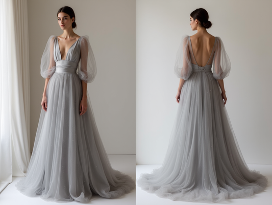 Elegant grey Evening Dress & Prom Dress with Lace-Inspired Cutouts