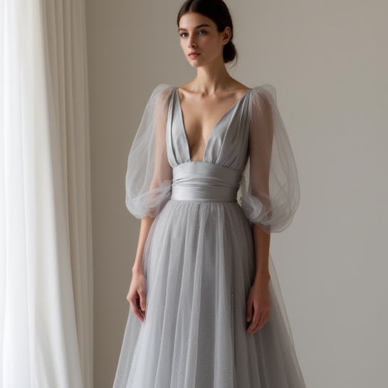 Elegant grey Evening Dress & Prom Dress with Lace-Inspired Cutouts