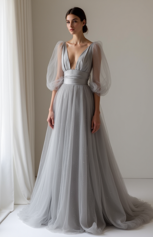 Elegant grey Evening Dress & Prom Dress with Lace-Inspired Cutouts