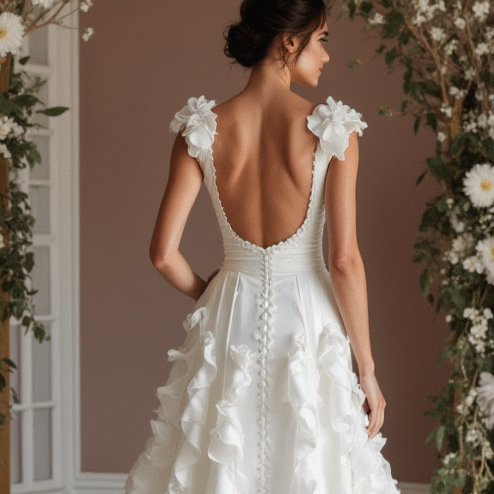 Ultra-Chic White A-Line Wedding Dress with Plunging Neckline and Sculpted Fit