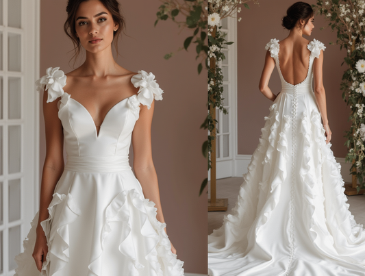 Ultra-Chic White A-Line Wedding Dress with Plunging Neckline and Sculpted Fit