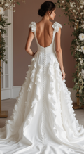 Ultra-Chic White A-Line Wedding Dress with Plunging Neckline and Sculpted Fit