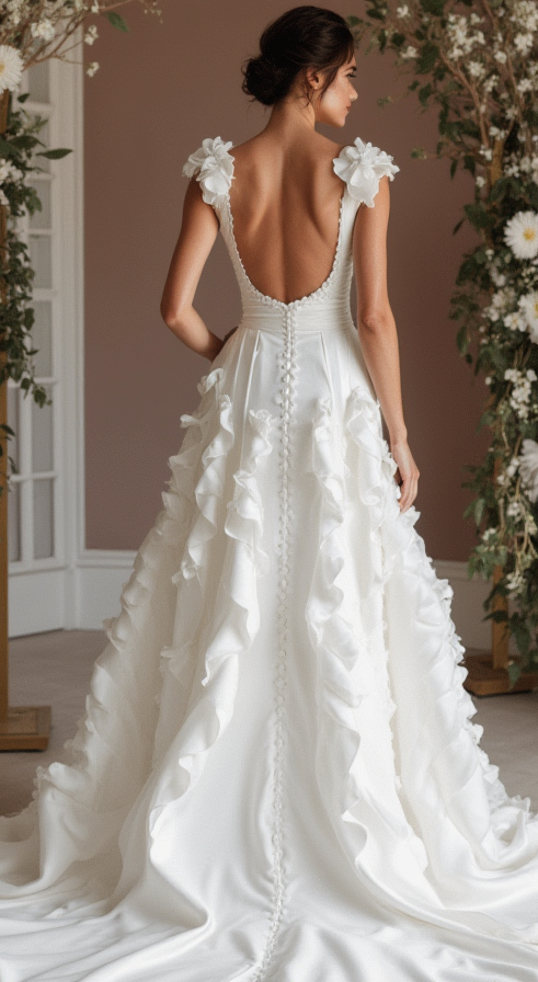 Ultra-Chic White A-Line Wedding Dress with Plunging Neckline and Sculpted Fit