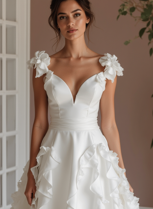 Ultra-Chic White A-Line Wedding Dress with Plunging Neckline and Sculpted Fit