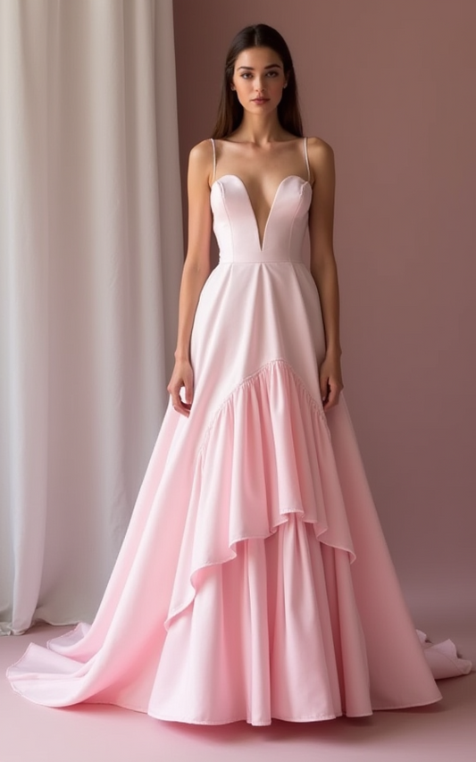 Romantic Pink Evening Dress & Prom Dress with Long Bell Sleeves
