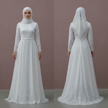 Custom Made Arabic Muslim Bridal Gown with Full Sleeves and Tulle
