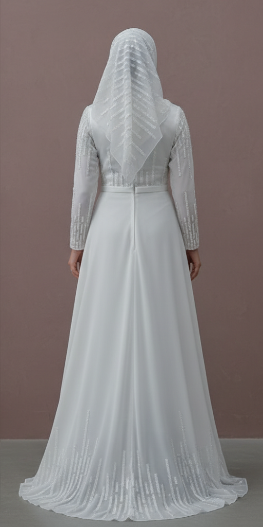 Custom Made Arabic Muslim Bridal Gown with Full Sleeves and Tulle