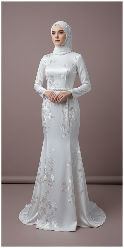 Traditional Arabic Muslim Wedding Dress with Modern Floral Details WHITE