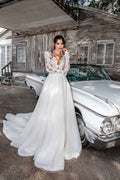 Elegant A-Line Wedding Dress with Long Sleeves, V-Neckline & Flattering Natural Waistline