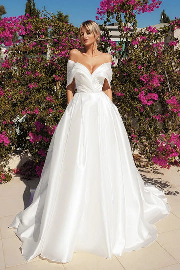 Majestic Ball Gown Wedding Dress with Off-the-Shoulder Neckline & Flattering Natural Waistline for a Regal Bridal Look