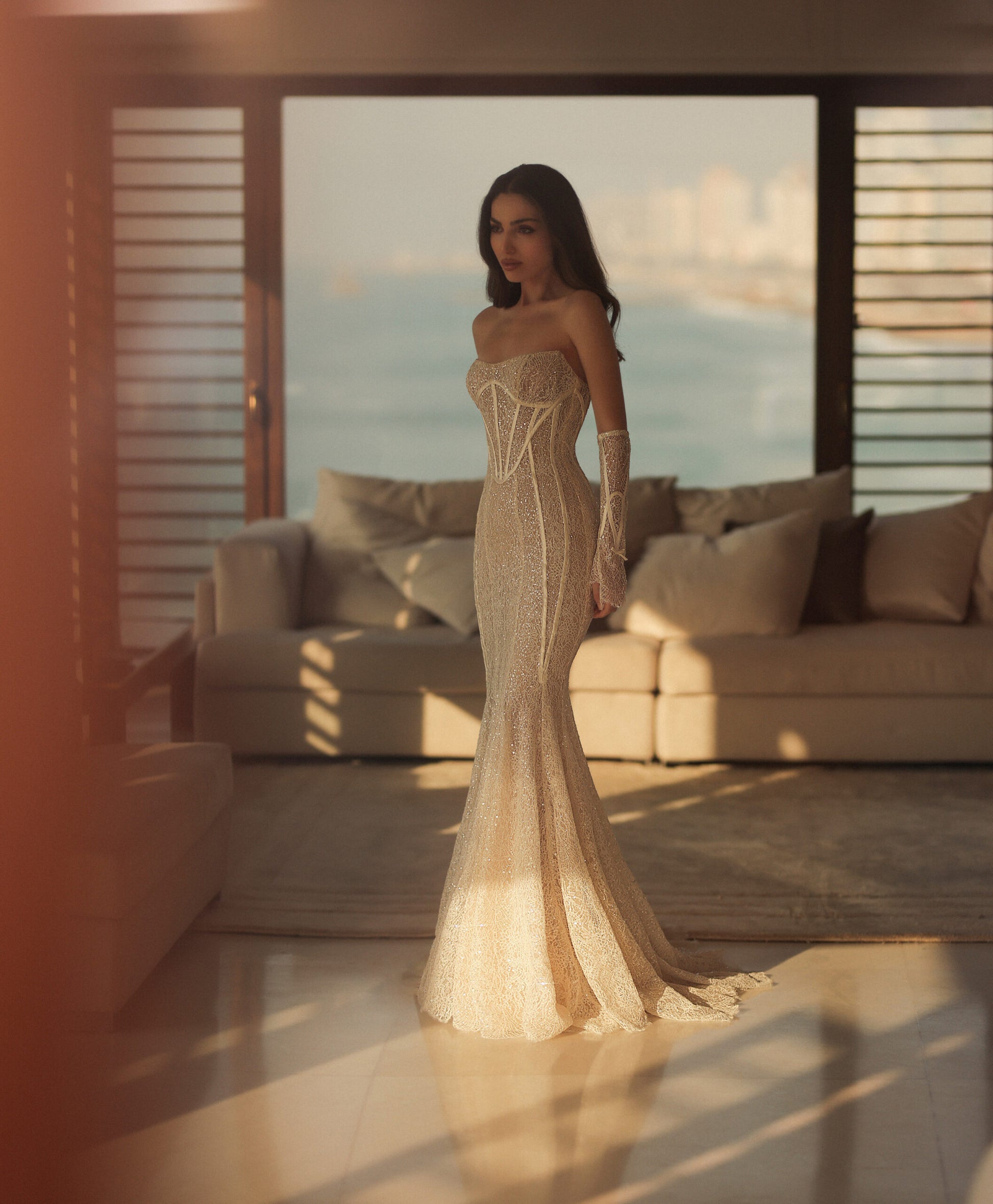 Luxurious Mermaid Wedding Gown with Sequin Lace, Strapless Sweetheart Neckline, and a Flattering Natural Waistline for a Glamorous Bridal Look